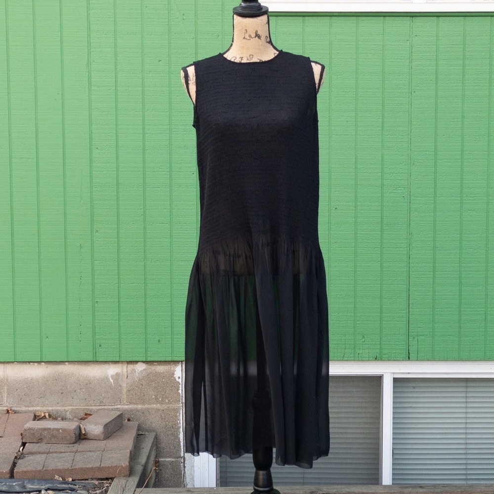 COPY - Eileen Fisher Black Sheer Crepe Midi Shift Dress